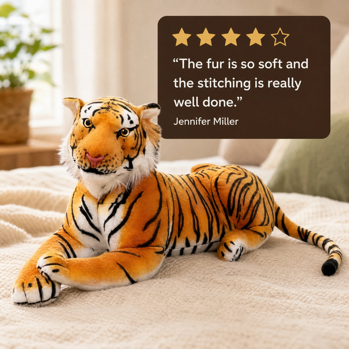 Tiger Plush Pillow in Reclining Pose with Orange Stripes - Image témoignage