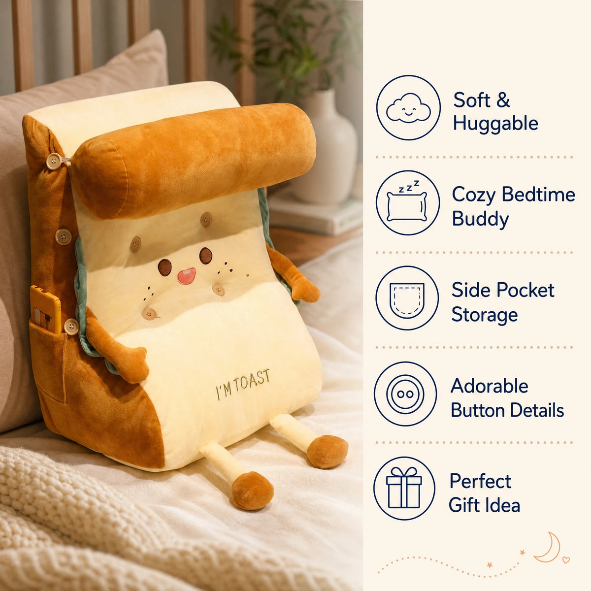 Toast Plush Pillow with Back Support and Removable Cover - Bénéfices produit
