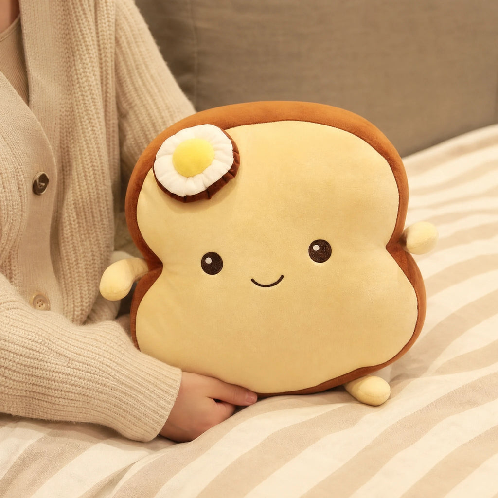 Toast Plush Pillow with Fried Egg Character Design - Utilisation du produit