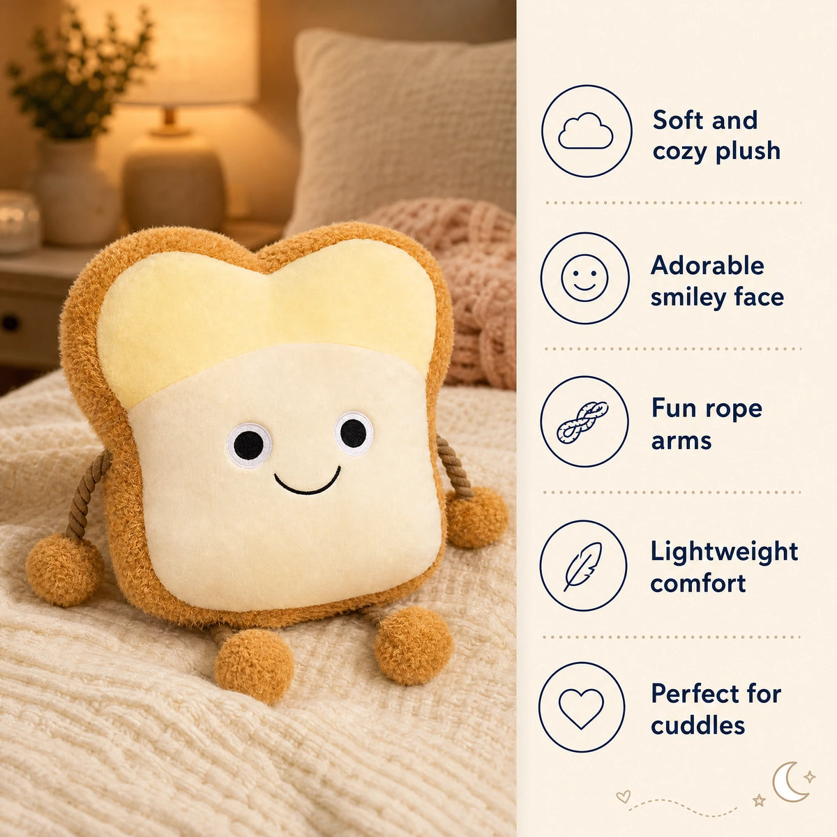 Toast Plush Pillow with Happy and Sad Face Designs - Bénéfices produit