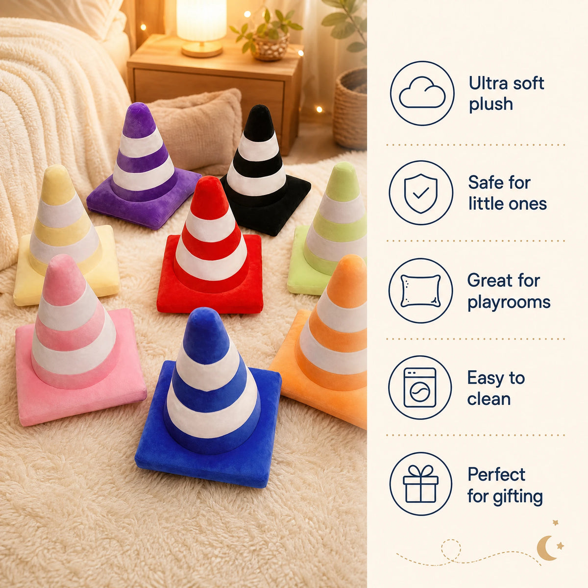 Traffic Cone Plush Pillow in Bright Striped Colors - Bénéfices produit