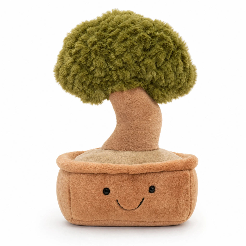 Tree Plush Toy with Smiling Face and Fluffy Crown - Fond blanc