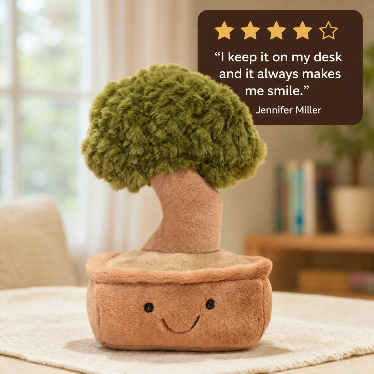 Tree Plush Toy with Smiling Face and Fluffy Crown - Image témoignage