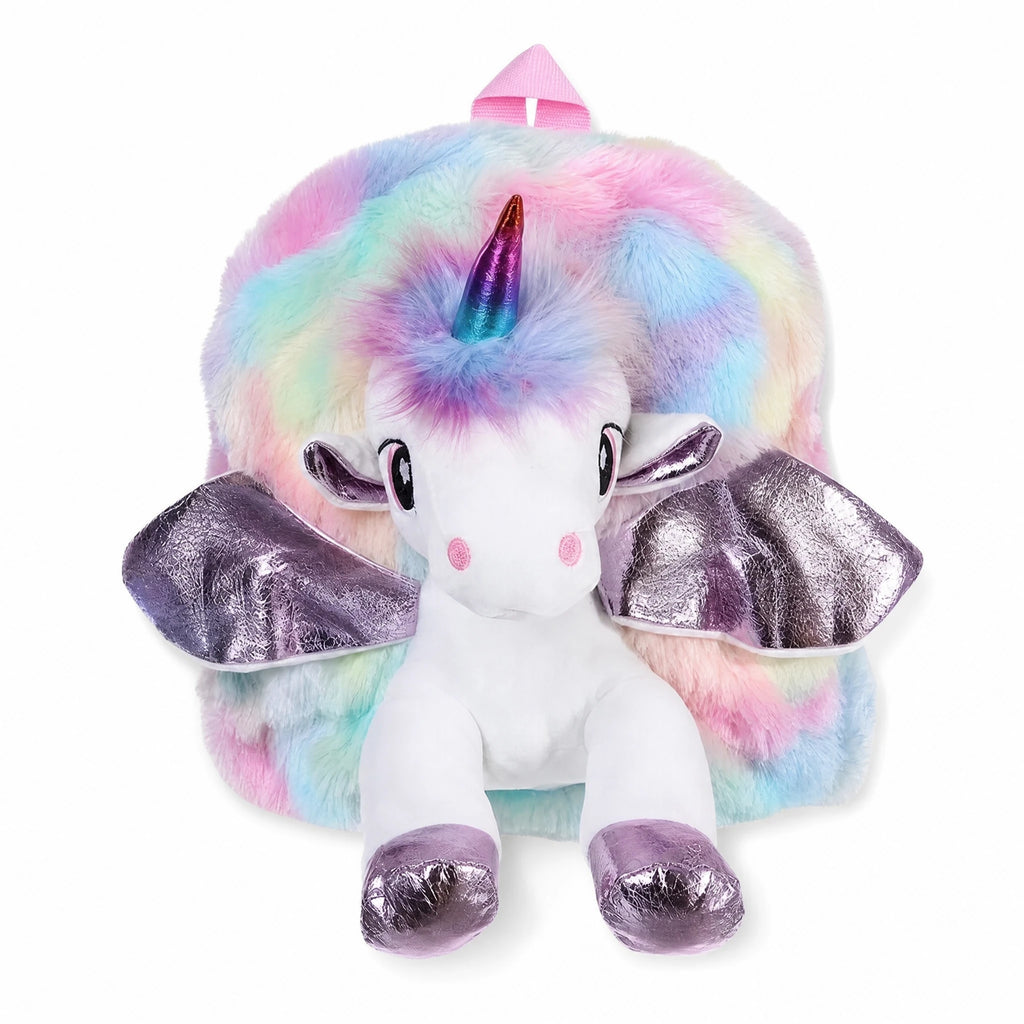Unicorn Backpack Plush with Rainbow Faux Fur - Fond blanc