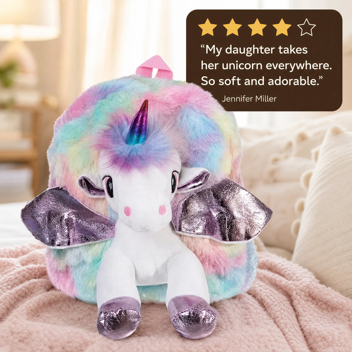 Unicorn Backpack Plush with Rainbow Faux Fur - Image témoignage