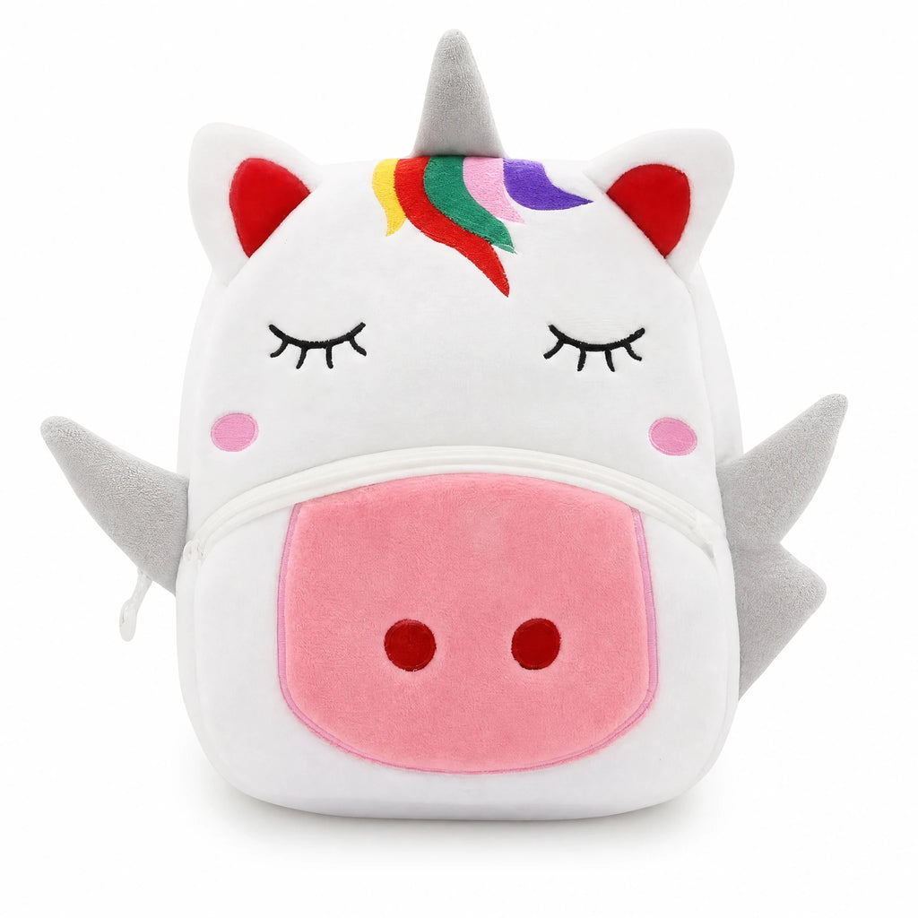 Unicorn Backpack Plush with Rainbow Mane and Wings - Fond blanc