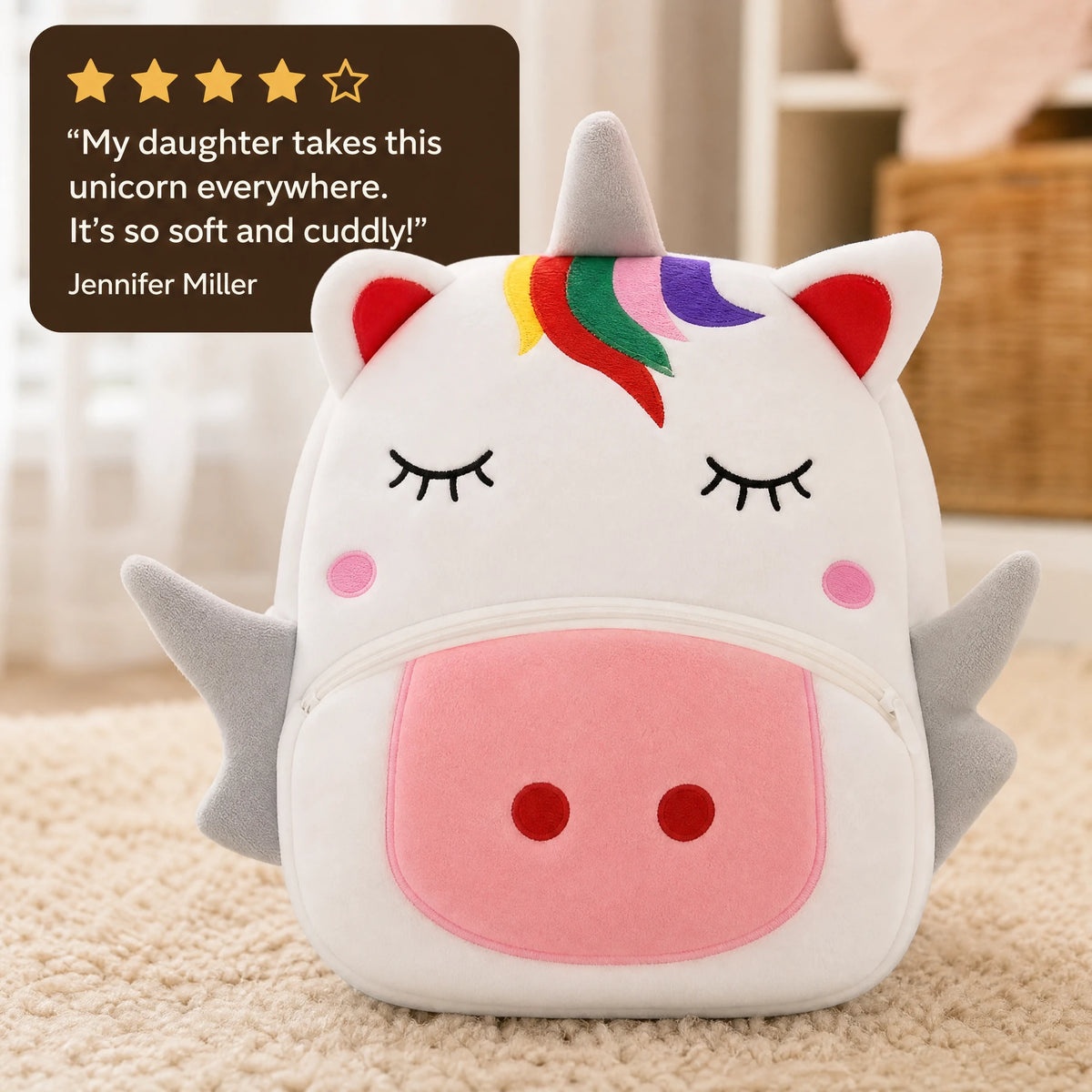 Unicorn Backpack Plush with Rainbow Mane and Wings - Image témoignage