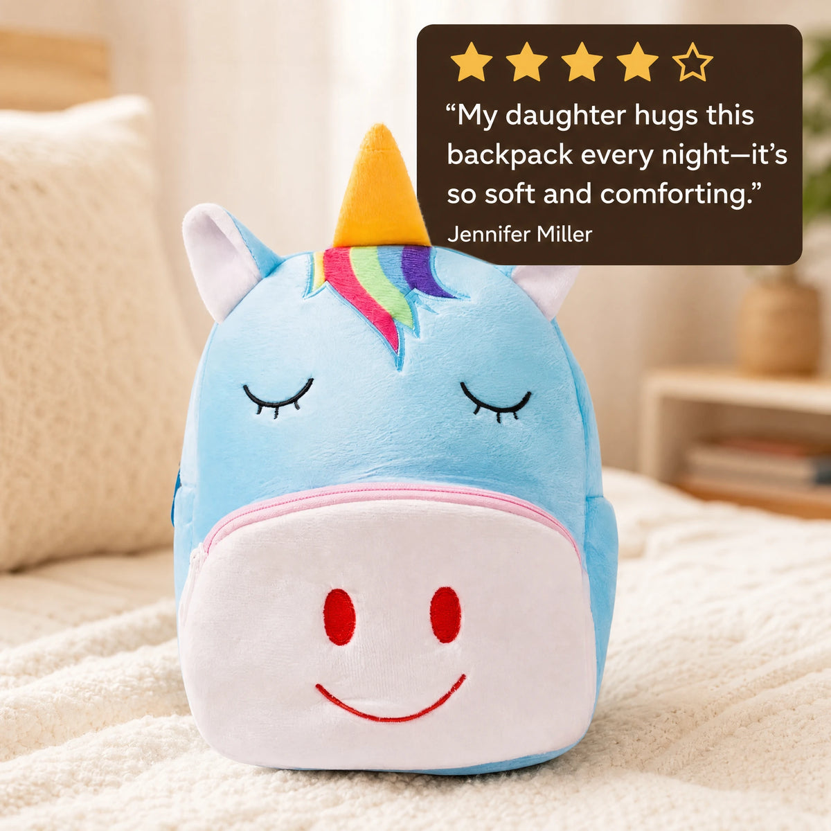 Unicorn Backpack with Rainbow Mane and Plush Design - Image témoignage
