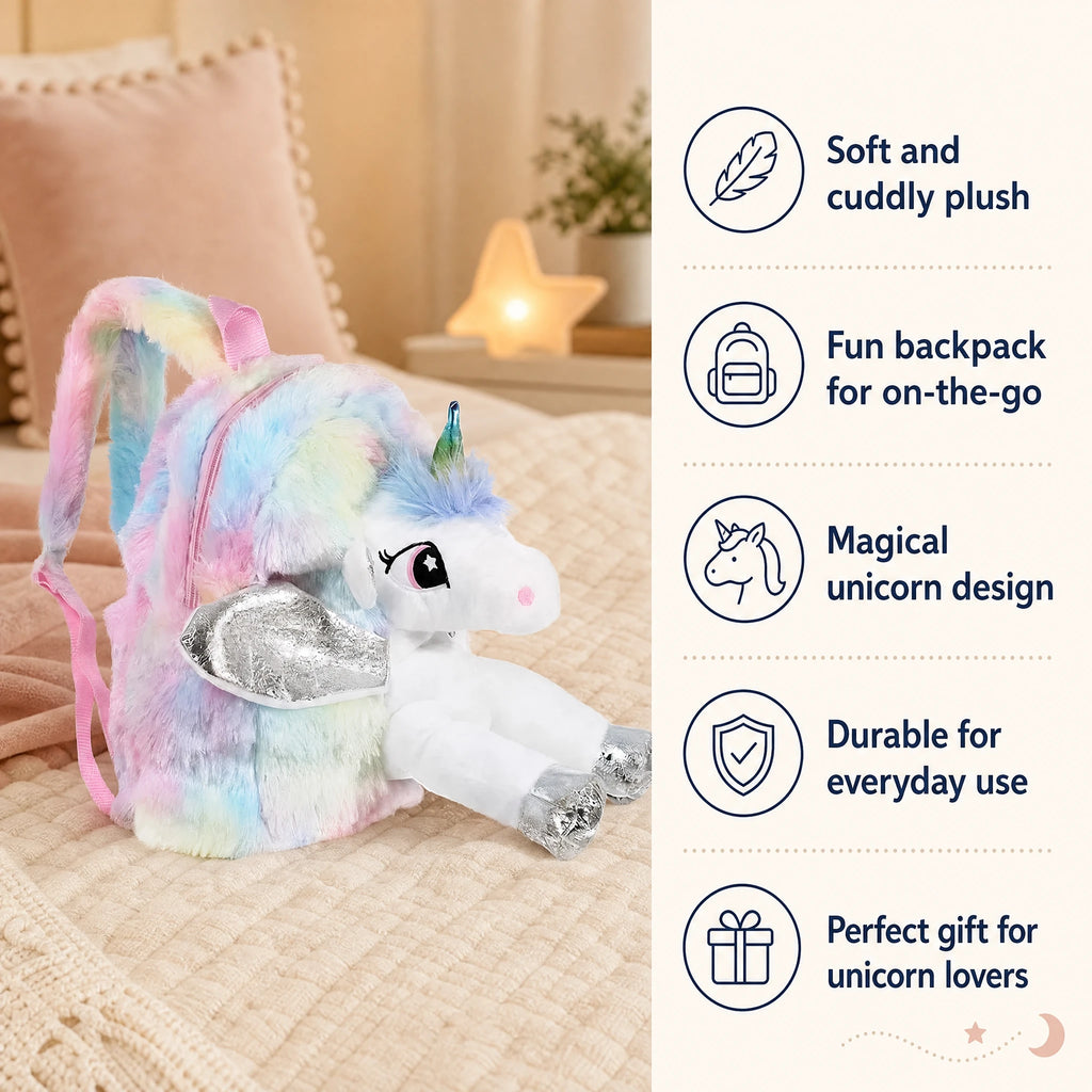 Unicorn Plush Backpack with Rainbow Fur and Silver Details - Bénéfices produit