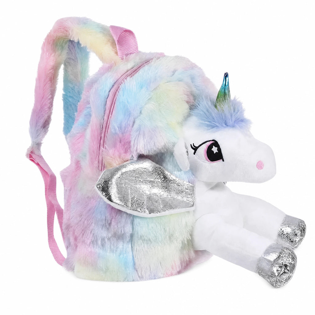 Unicorn Plush Backpack with Rainbow Fur and Silver Details - Fond blanc