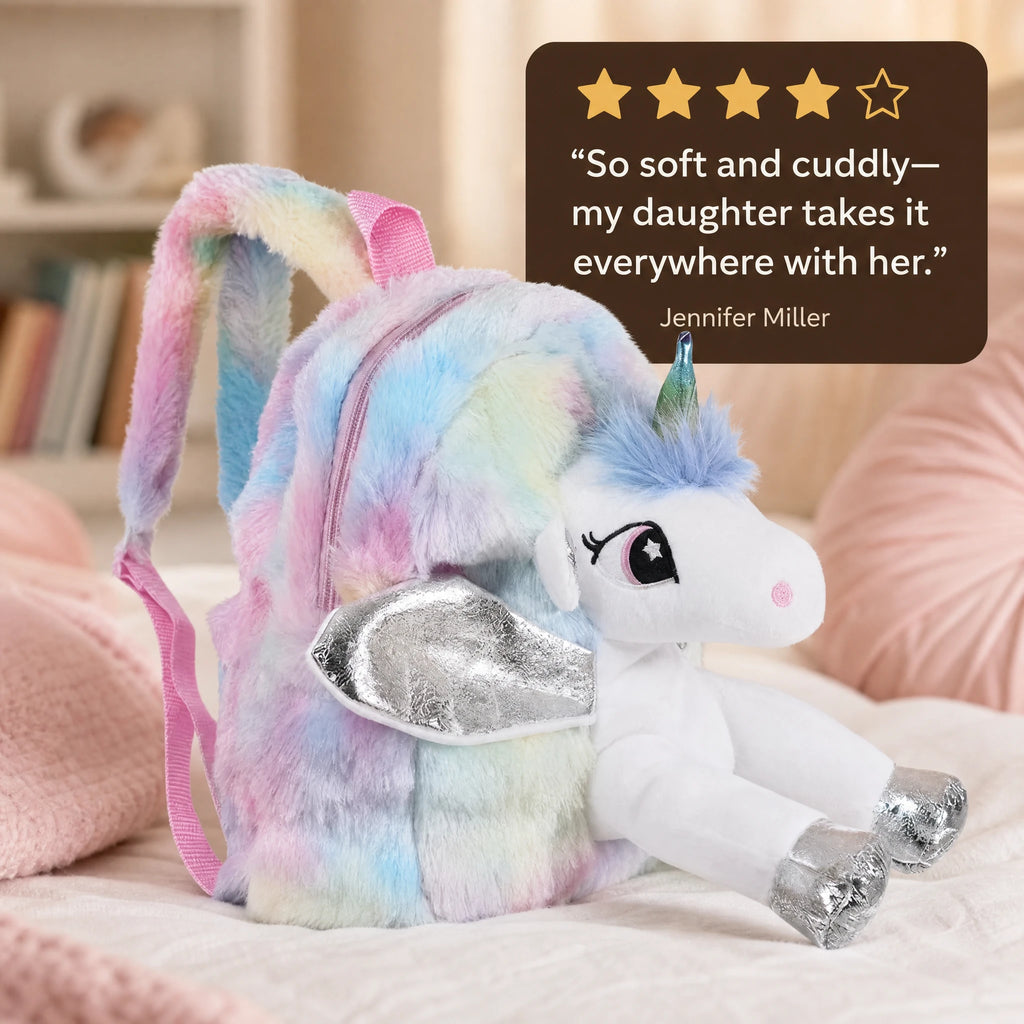 Unicorn Plush Backpack with Rainbow Fur and Silver Details - Image témoignage