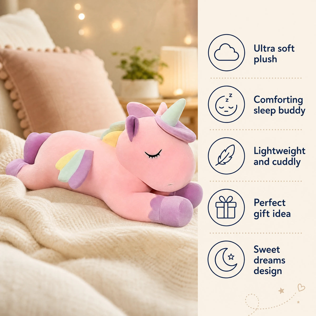 Unicorn Plush Pillow in Pink or White with Rainbow Mane - Bénéfices produit