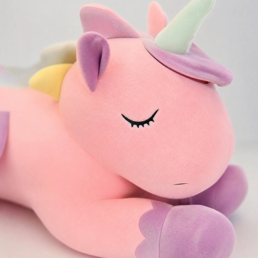 Unicorn Plush Pillow in Pink or White with Rainbow Mane - Détail matière