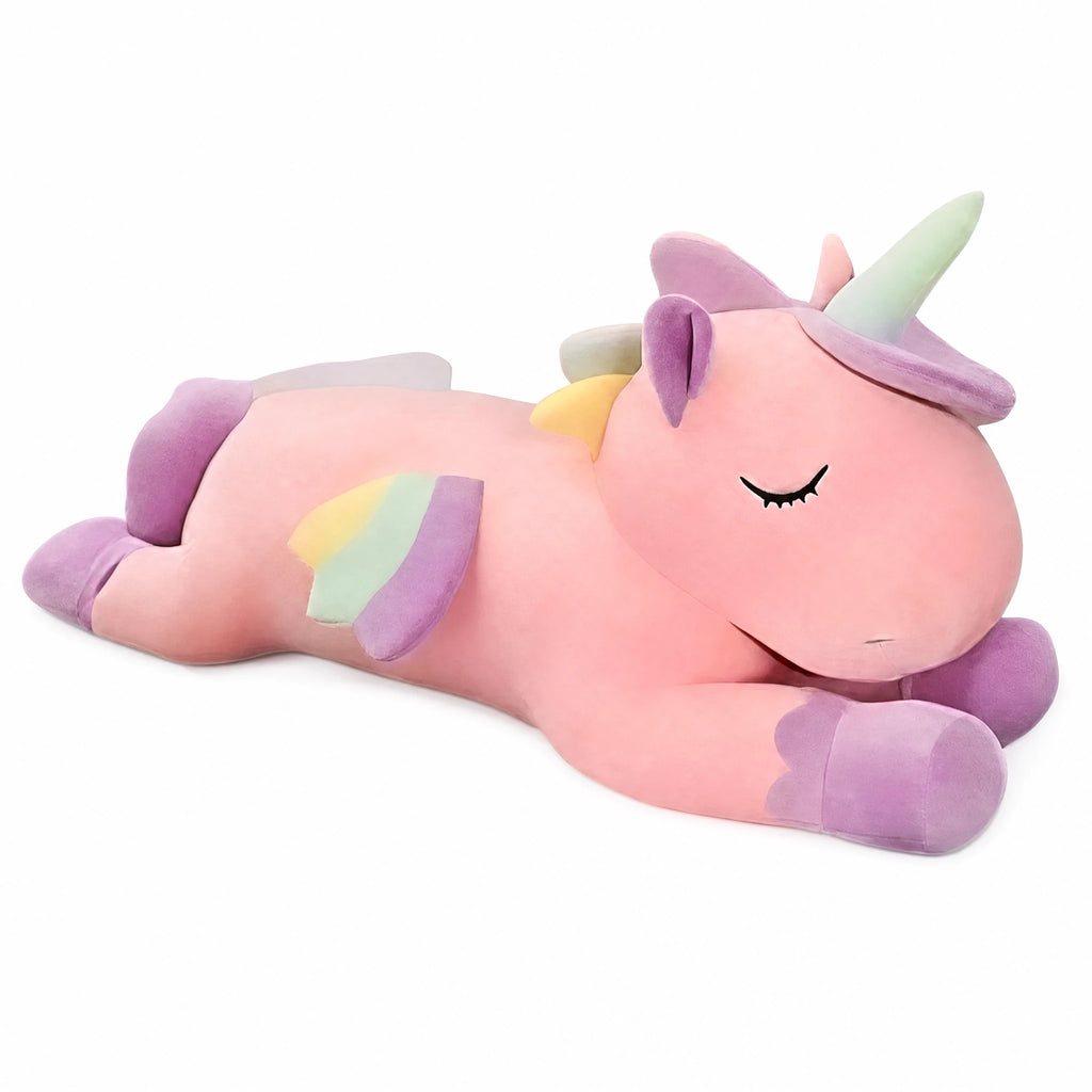 Unicorn Plush Pillow in Pink or White with Rainbow Mane - Fond blanc
