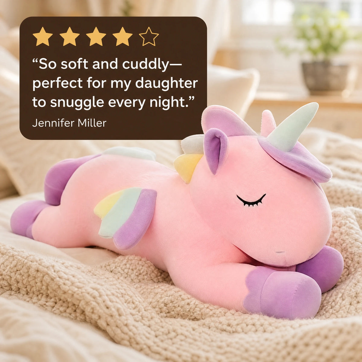 Unicorn Plush Pillow in Pink or White with Rainbow Mane - Image témoignage