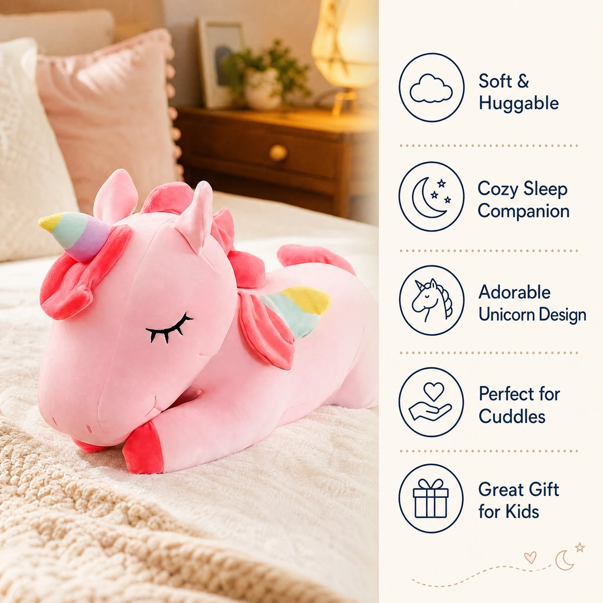 Unicorn Plush Pink with Rainbow Details and Soft Fur - Bénéfices produit
