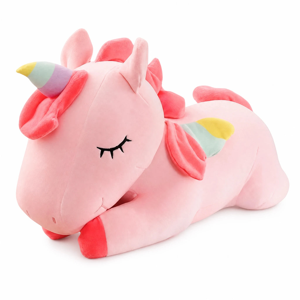 Unicorn Plush Pink with Rainbow Details and Soft Fur - Fond blanc