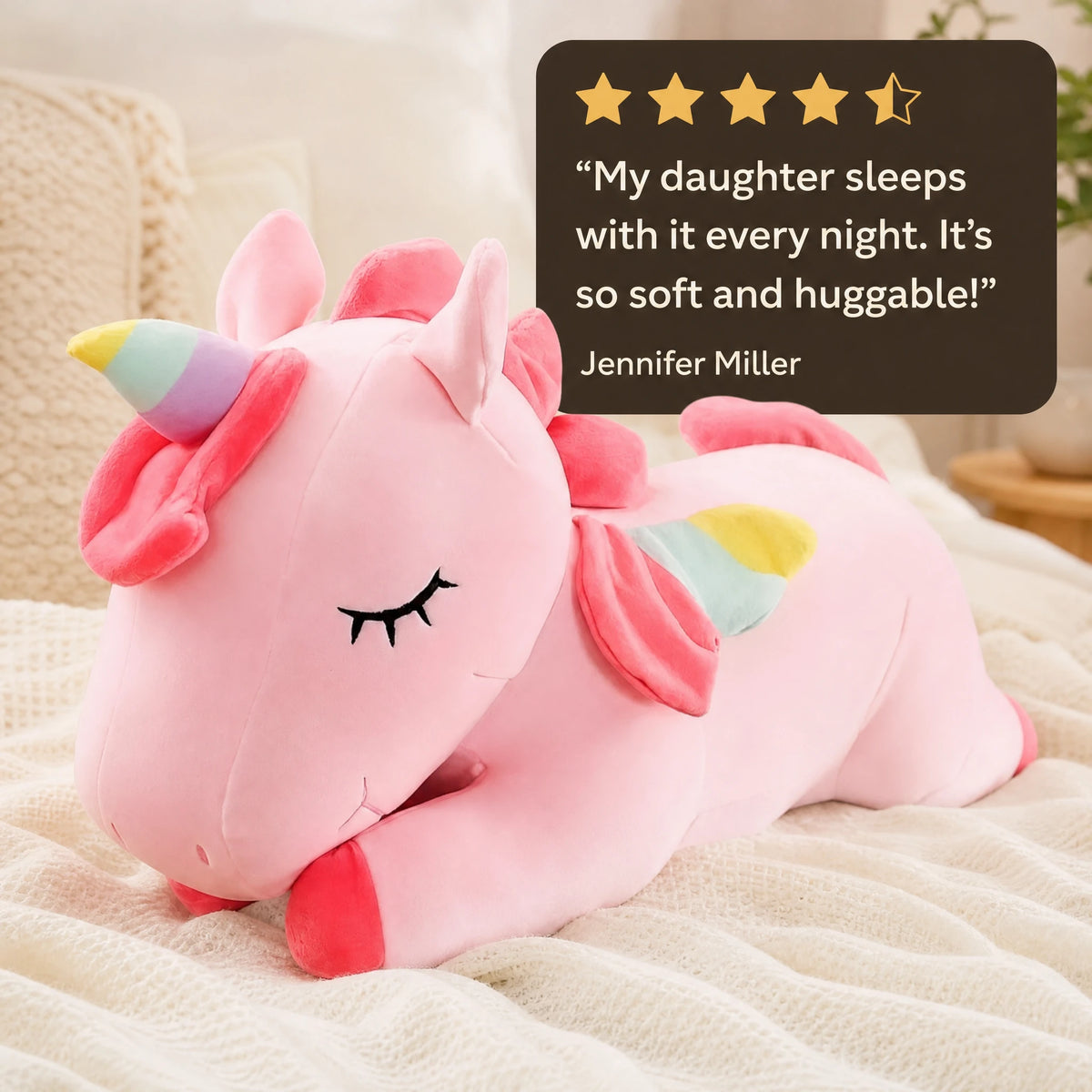 Unicorn Plush Pink with Rainbow Details and Soft Fur - Image témoignage