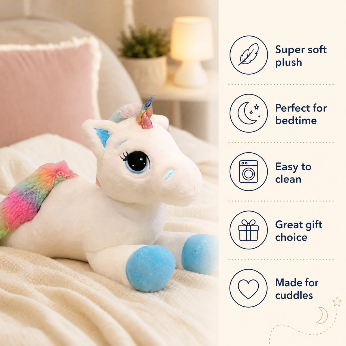 Unicorn Plush Toy with Rainbow Mane and Blue Hooves - Bénéfices produit