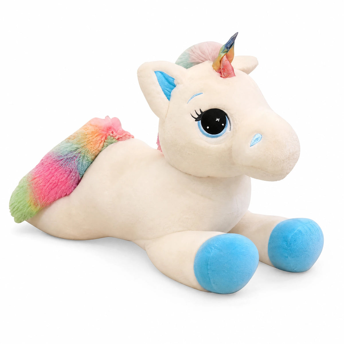 Unicorn Plush Toy with Rainbow Mane and Blue Hooves - Fond blanc