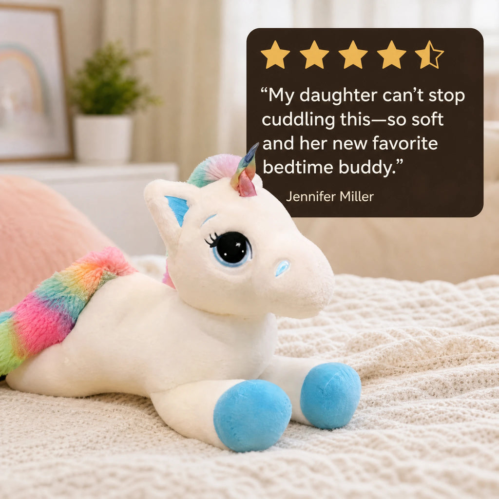 Unicorn Plush Toy with Rainbow Mane and Blue Hooves - Image témoignage