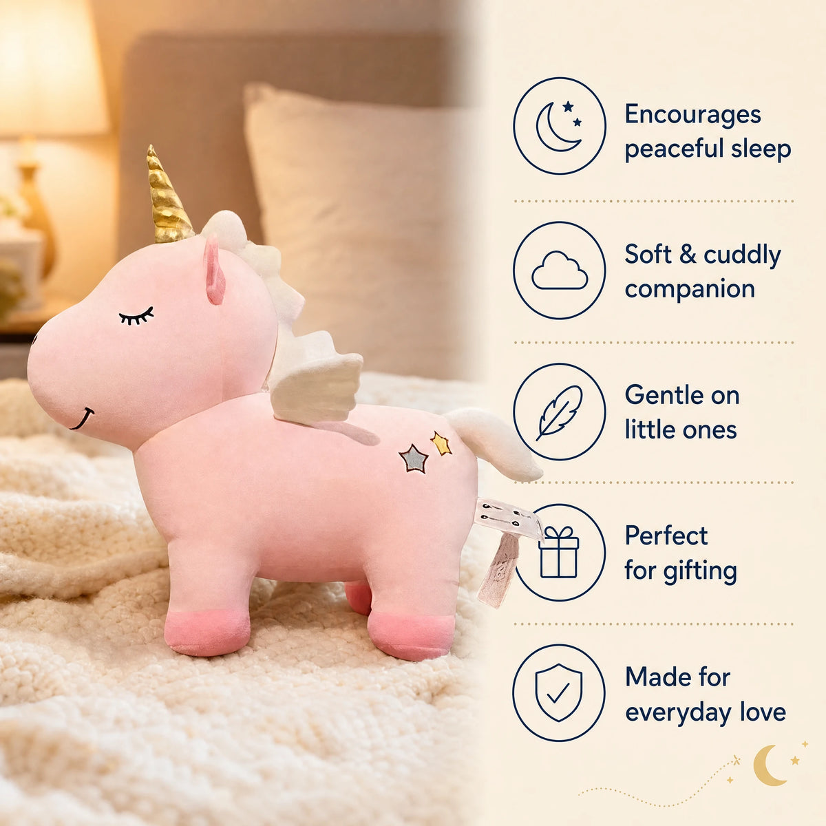 Unicorn Plush with Golden Horn and Wings - Bénéfices produit