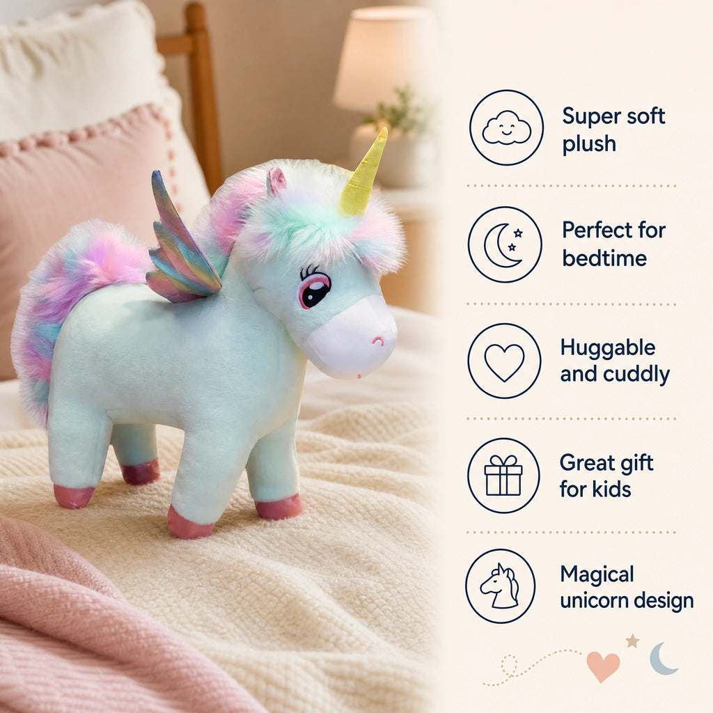 Unicorn Plush with Pastel Rainbow Mane and Wings - Bénéfices produit