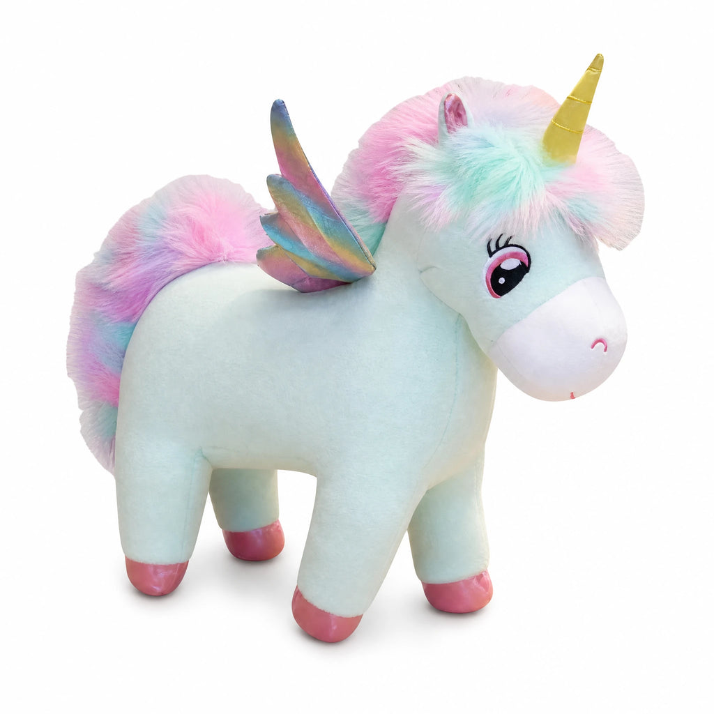 Unicorn Plush with Pastel Rainbow Mane and Wings - Fond blanc