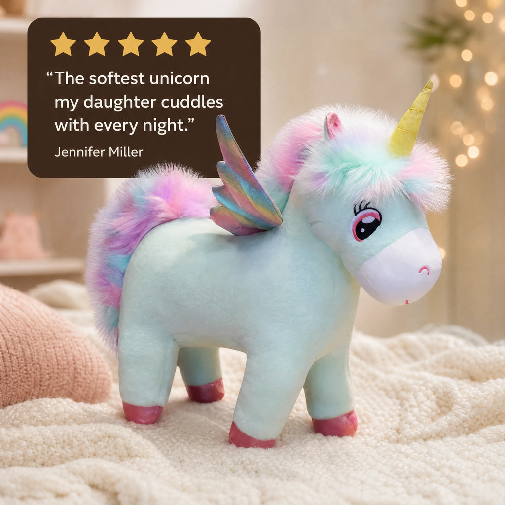 Unicorn Plush with Pastel Rainbow Mane and Wings - Image témoignage