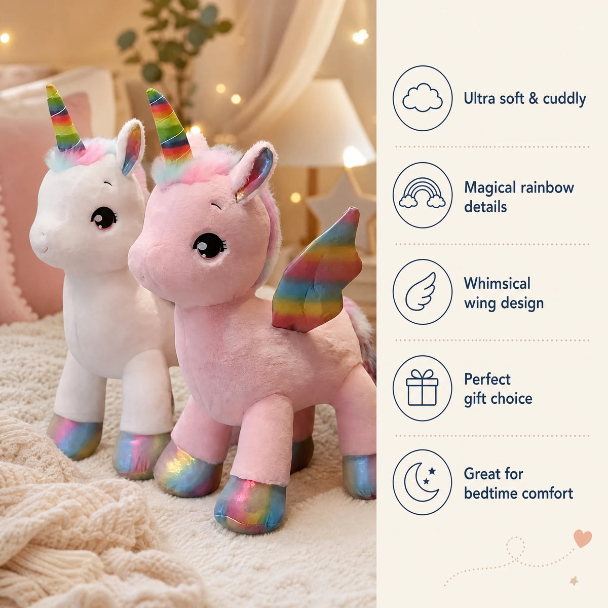 Unicorn Plush with Rainbow Horn and Shimmery Details - Bénéfices produit