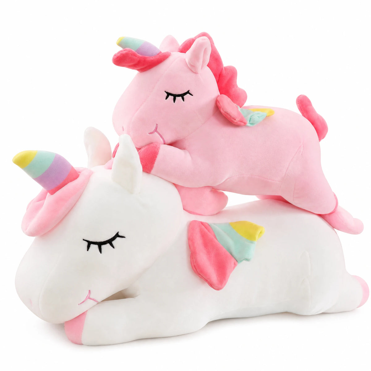 Unicorn Plush with Rainbow Mane and Lying Pose - Fond blanc