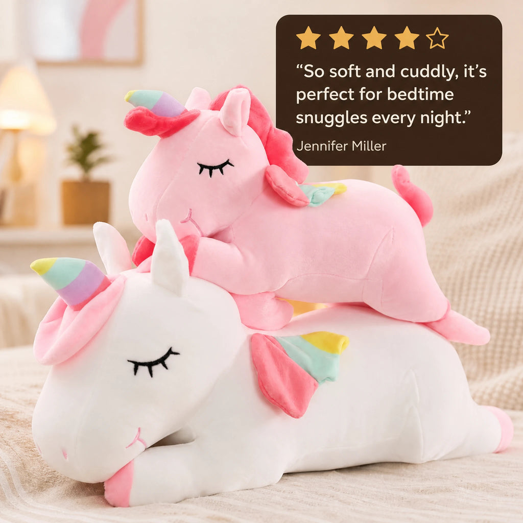 Unicorn Plush with Rainbow Mane and Lying Pose - Image témoignage