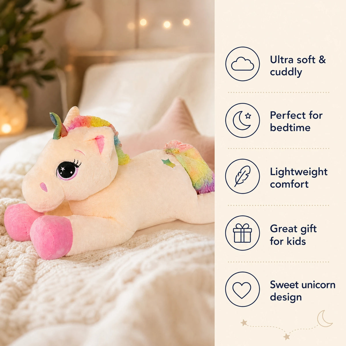Unicorn Plush with Rainbow Mane and Pink Hooves - Bénéfices produit