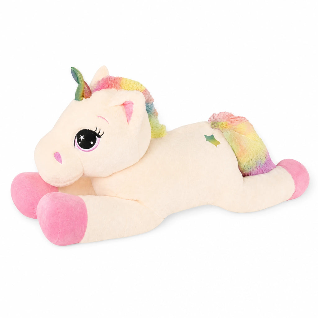 Unicorn Plush with Rainbow Mane and Pink Hooves - Fond blanc