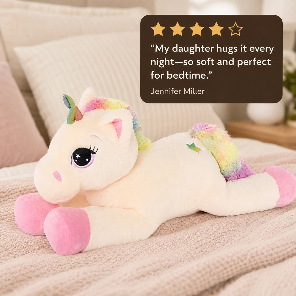 Unicorn Plush with Rainbow Mane and Pink Hooves - Image témoignage