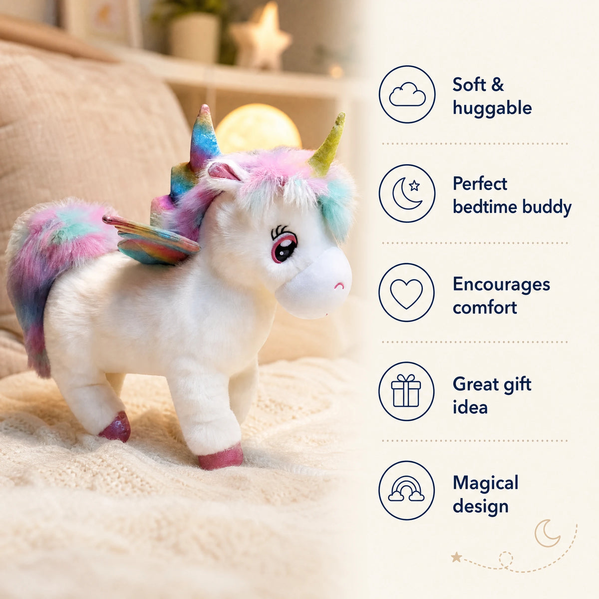 Unicorn Plush with Rainbow Mane and Wings - Bénéfices produit