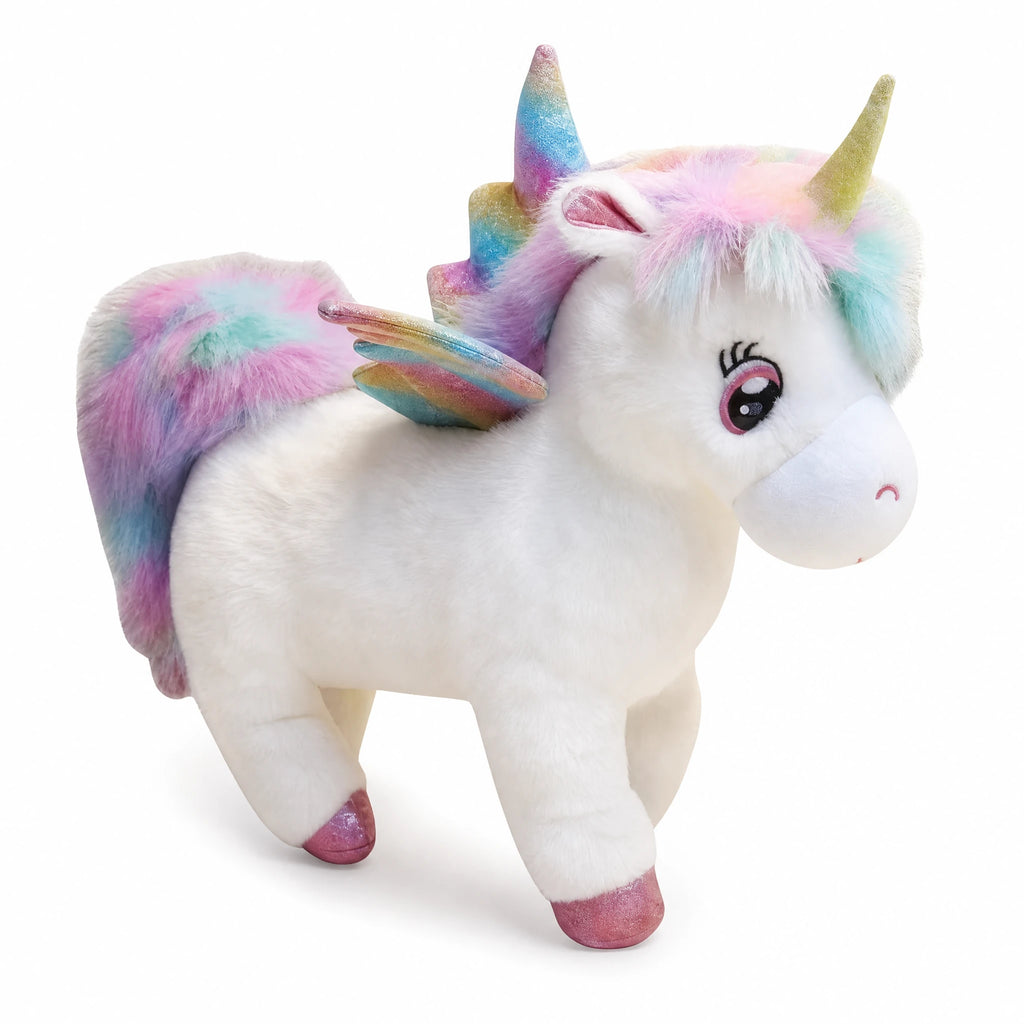 Unicorn Plush with Rainbow Mane and Wings - Fond blanc
