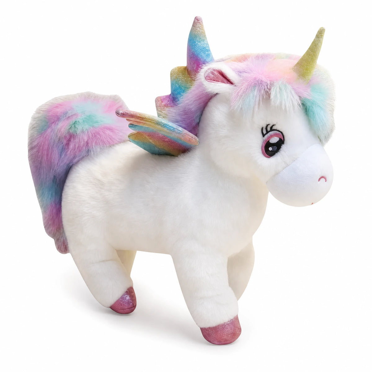Unicorn Plush with Rainbow Mane and Wings - Fond blanc