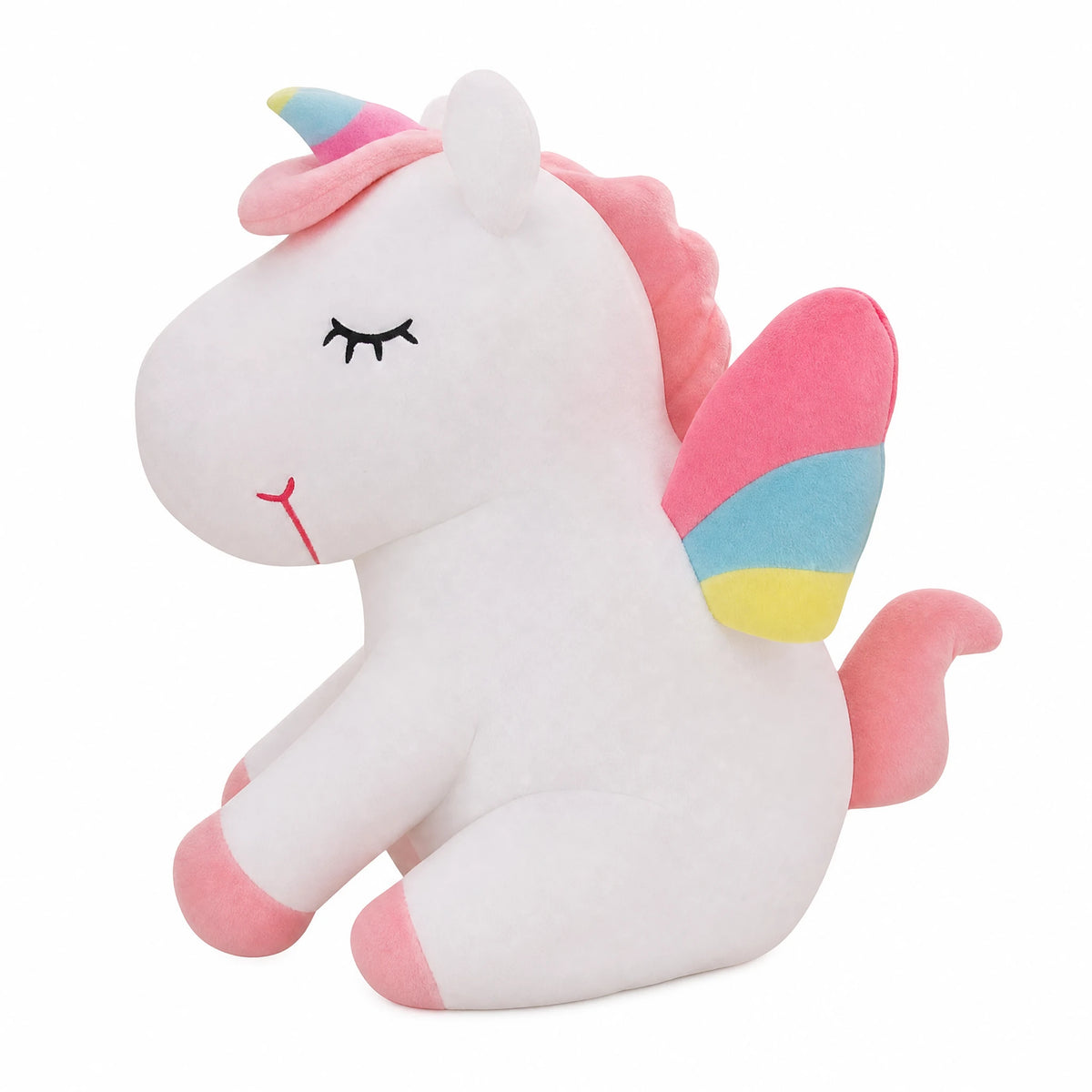 Unicorn Plush with Rainbow Wings and Pastel Details - Fond blanc