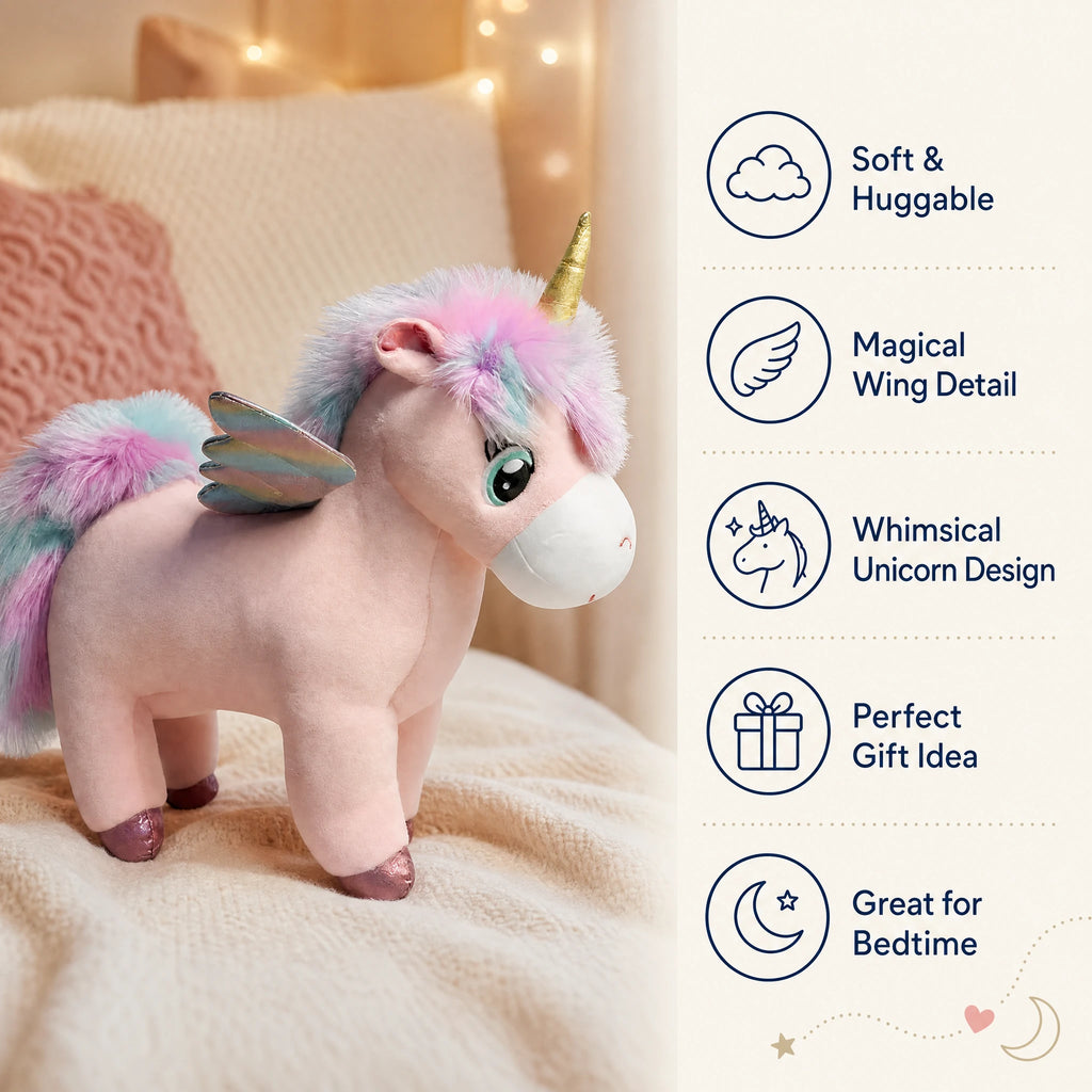 Unicorn Plush with Wings and Pastel Rainbow Mane - Bénéfices produit