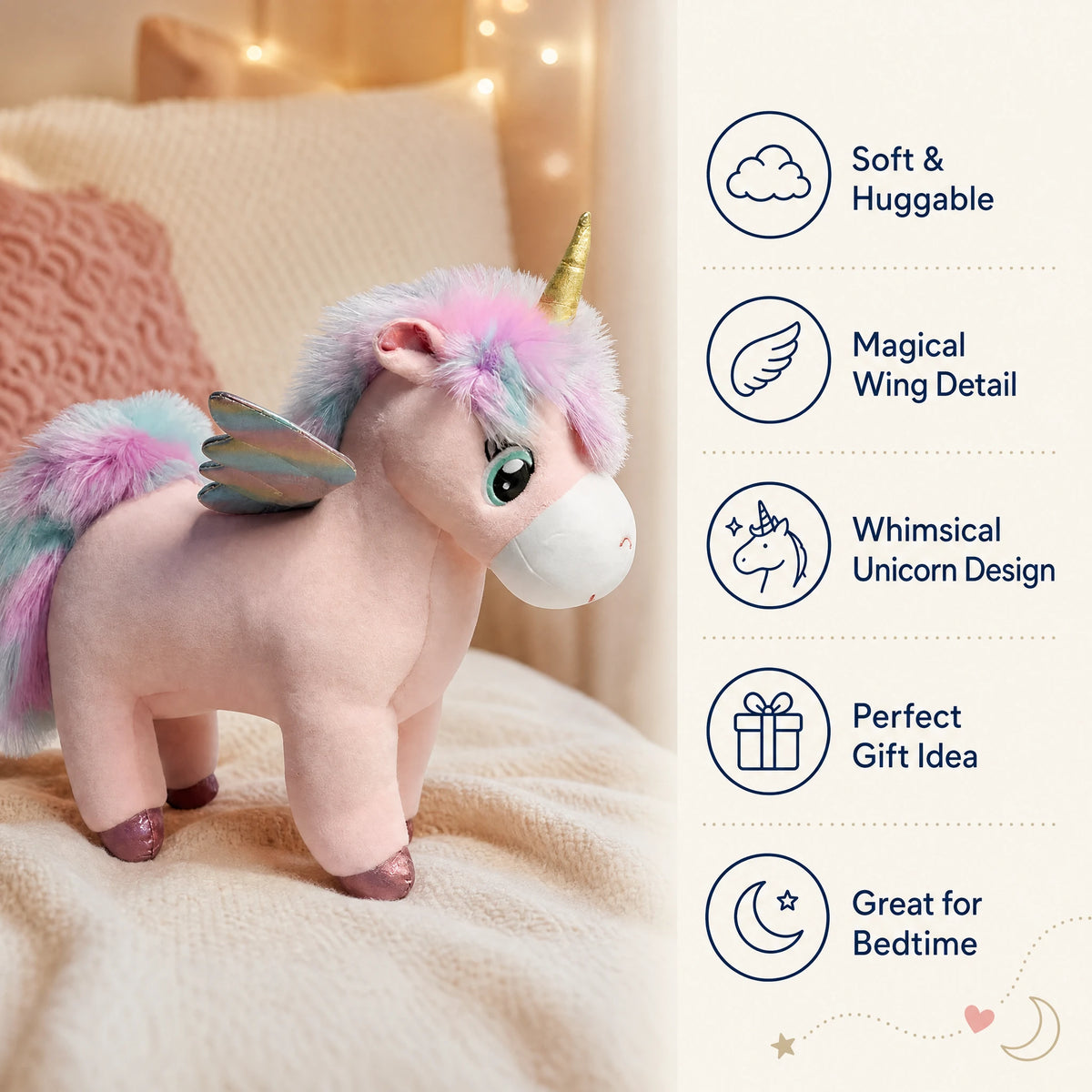 Unicorn Plush with Wings and Pastel Rainbow Mane - Bénéfices produit