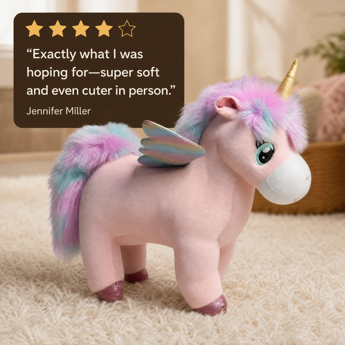 Unicorn Plush with Wings and Pastel Rainbow Mane - Image témoignage