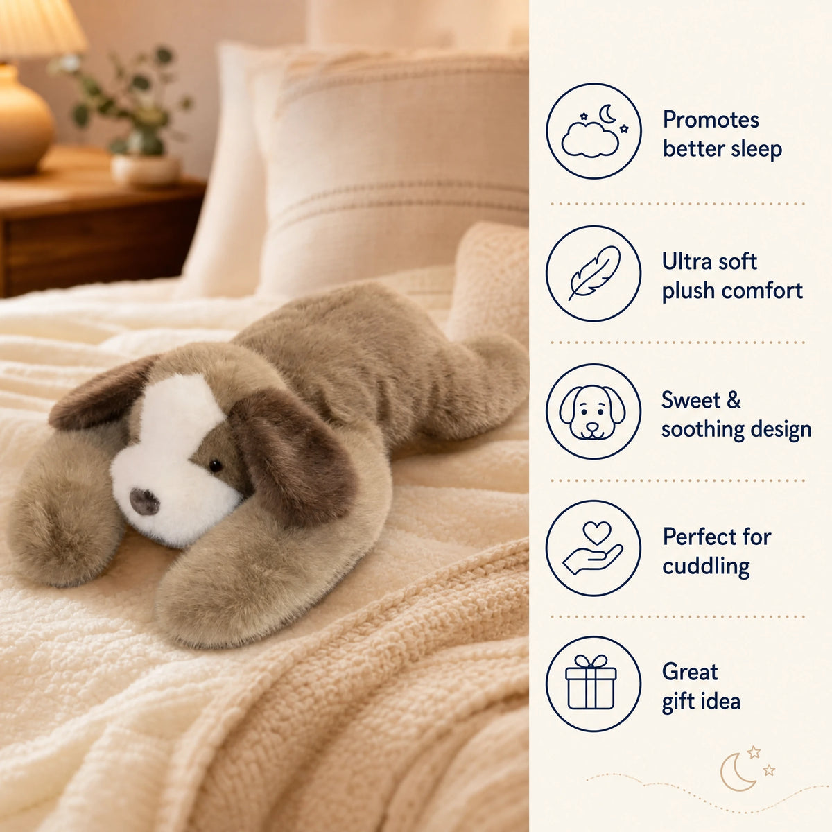 Weighted Dog Plush with Realistic Beige Fur and Floppy Ears - Bénéfices produit