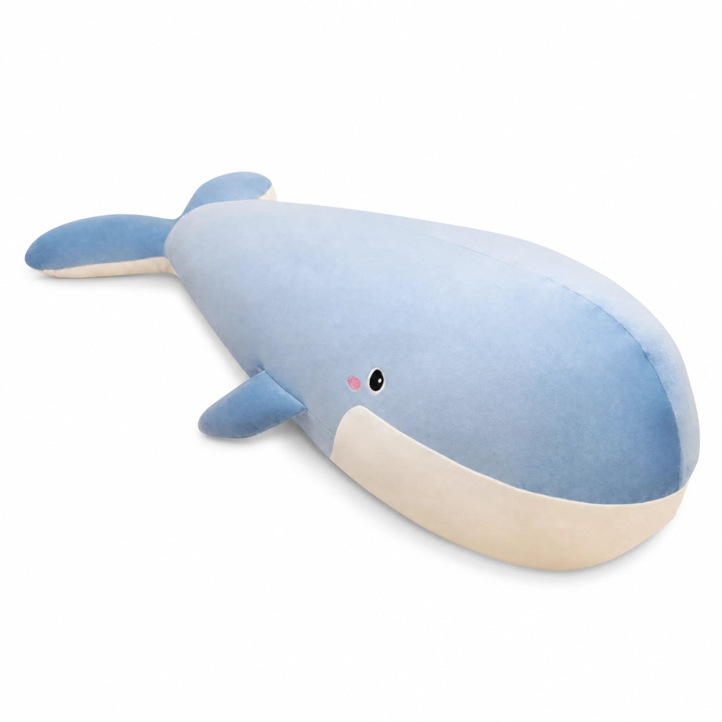 Whale Plush Toy Giant Cuddly Blue and Cream Companion - Fond blanc, autre angle