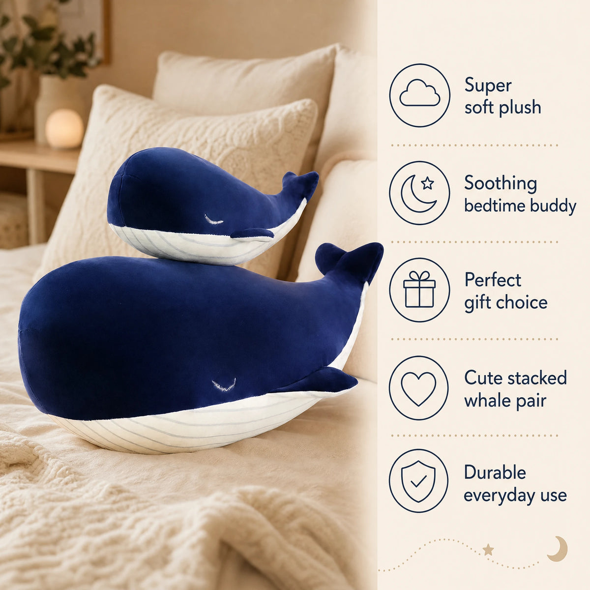 Whale Plush Toy – Soft Navy Blue Stuffed Whale in 3 Sizes - Bénéfices produit