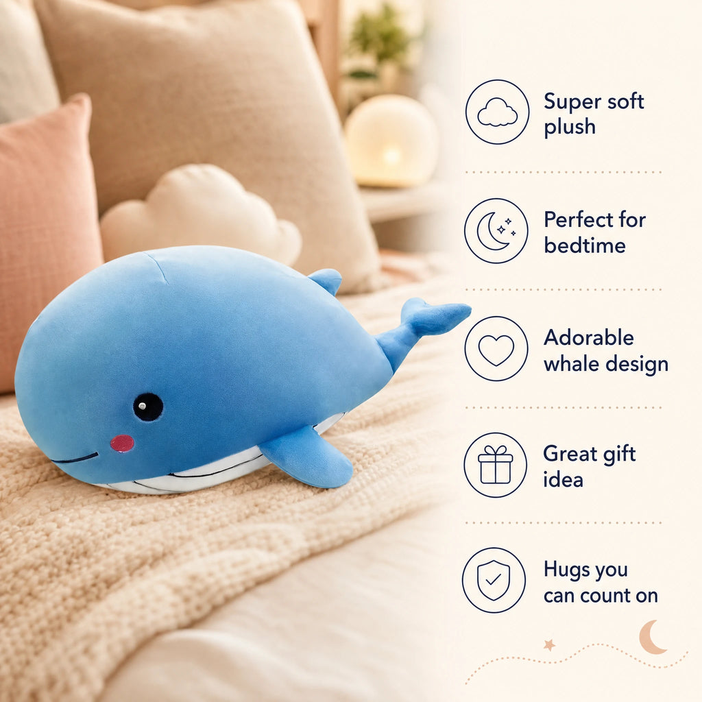 Whale Plush Toy with Timid Smile in Soft Blue Cotton - Bénéfices produit