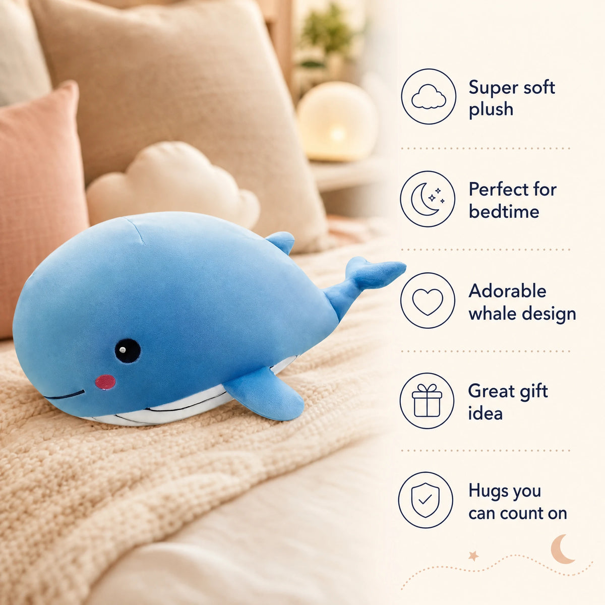 Whale Plush Toy with Timid Smile in Soft Blue Cotton - Bénéfices produit