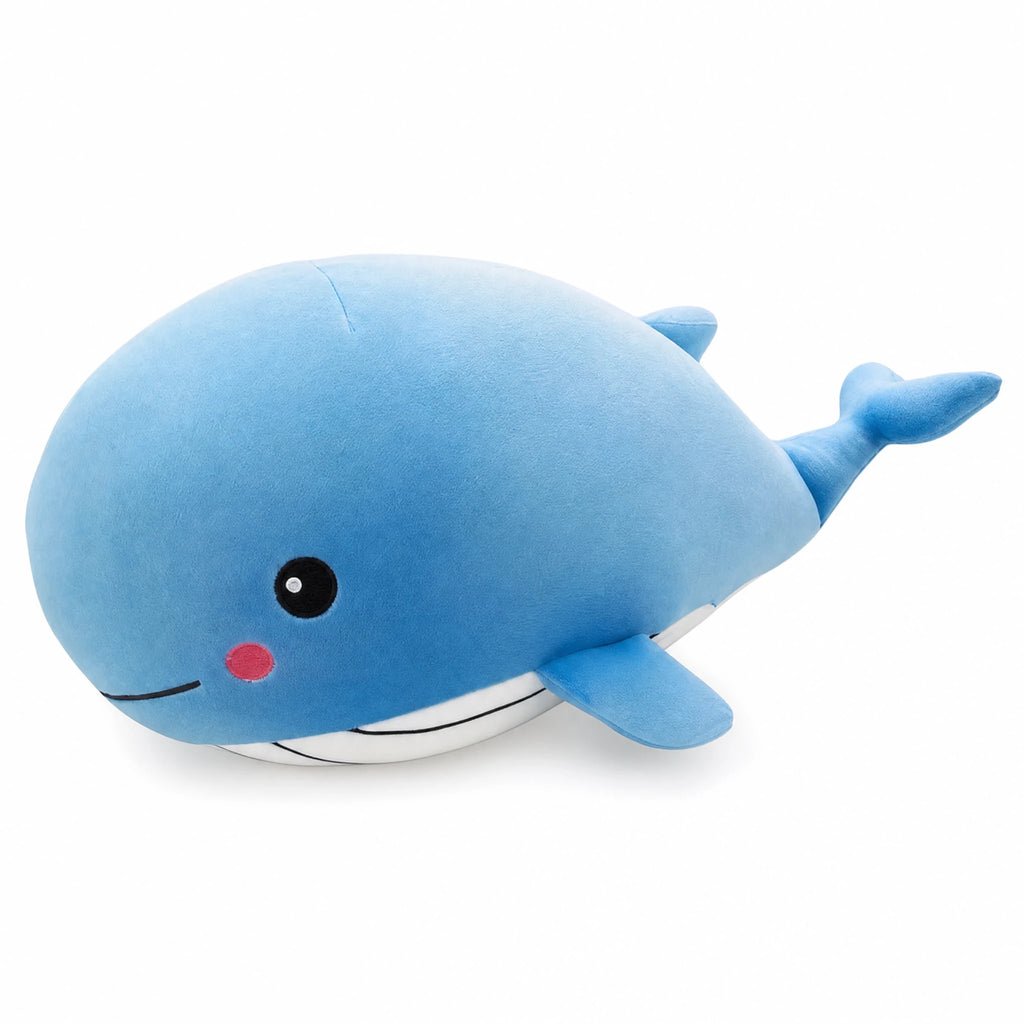 Whale Plush Toy with Timid Smile in Soft Blue Cotton - Fond blanc
