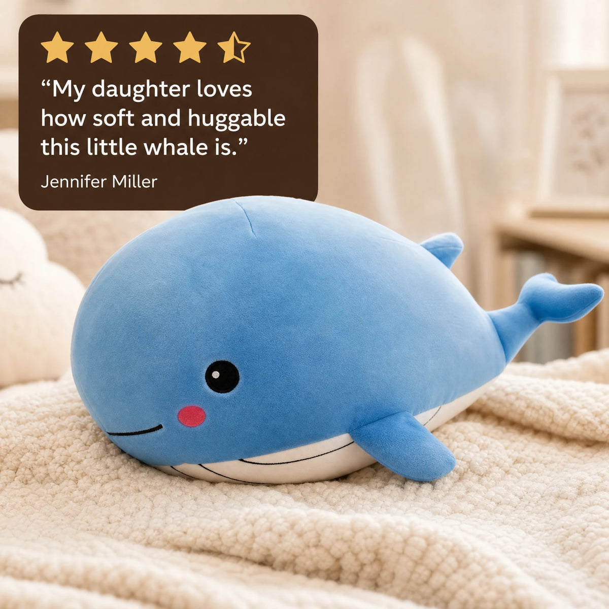 Whale Plush Toy with Timid Smile in Soft Blue Cotton - Image témoignage