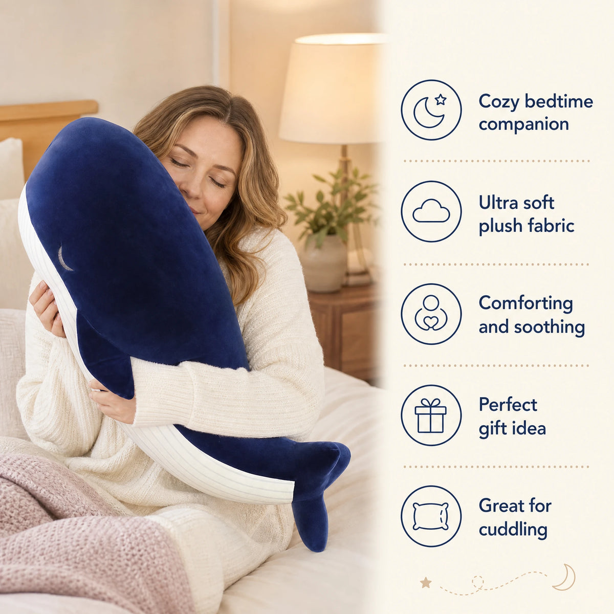 Whale Plush with Blue and White Design - Bénéfices produit